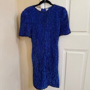 LAURENCE KAZAR Vintage 100% Silk Cobalt Blue Sequin Beaded Dress Size M